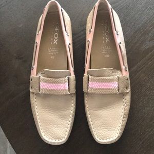 Geox Respira Leather Loafers. Tan with pink.
